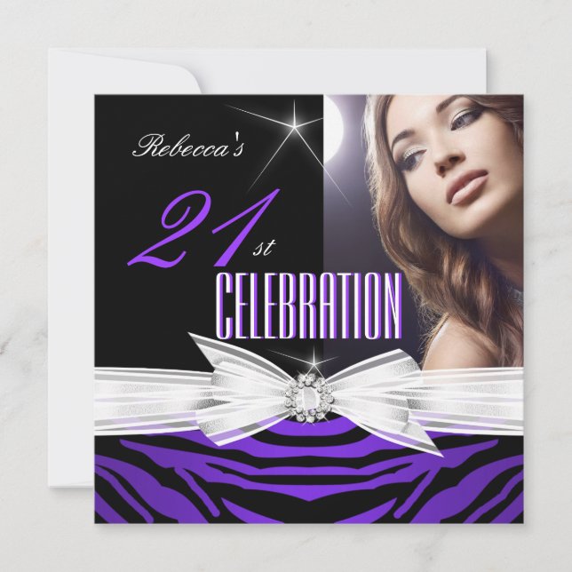 21st Birthday Party Purple 21 Zebra Photo 2 Invitation (Front)