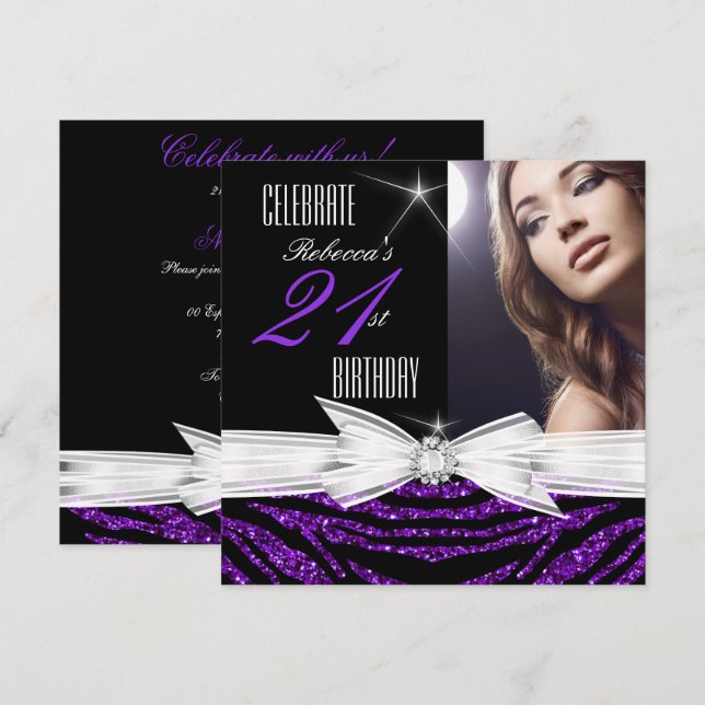 21st Birthday Party Purple 21 Zebra Photo 3 Invitation (Front/Back)