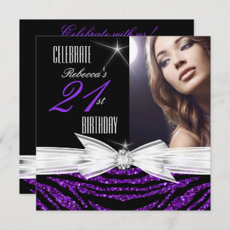 21st Birthday Party Purple 21 Zebra Photo 3 Invitation