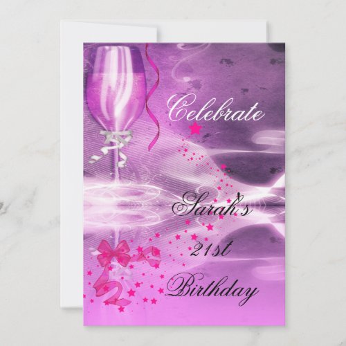 21st Birthday Party Purple Champagne Glass Bow Invitation