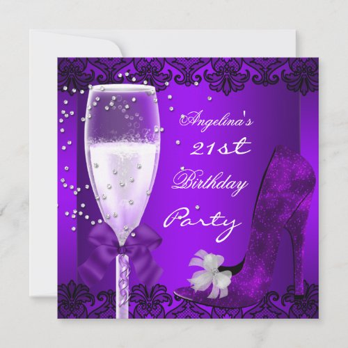 21st Birthday Party Purple Champagne High Heel Invitation