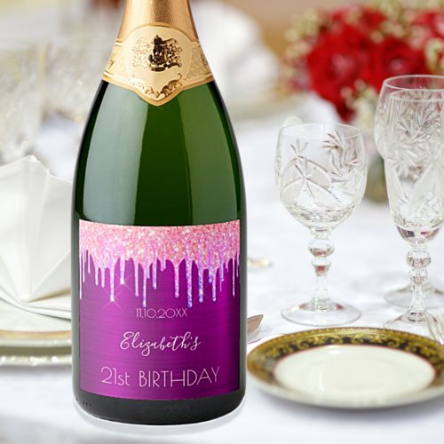 21st birthday party purple glitter pink name sparkling wine label