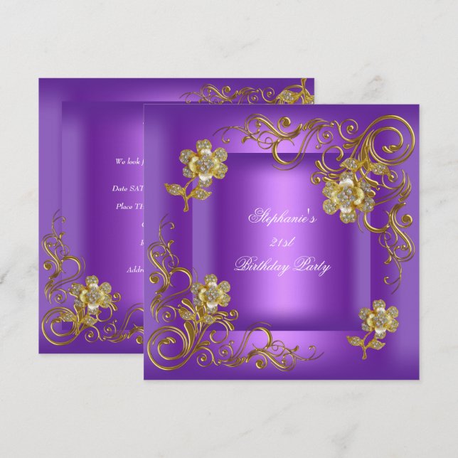 21st Birthday Party Purple Gold Diamond Invitation (Front/Back)