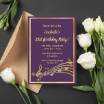 21st Birthday party purple gold music notes Invitation<br><div class="desc">Let's party and dance! A trendy,  modern 21st birthday party invitation card. A classic dark purple background,  with faux gold  frame and music notes,  golden colored letters. Templates for your party information.  Back: Purple color faux gold music notes.</div>