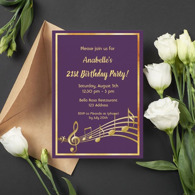 21st Birthday party purple gold music notes Invitation (Creator Uploaded)