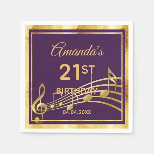 21st birthday party purple gold music notes name napkins