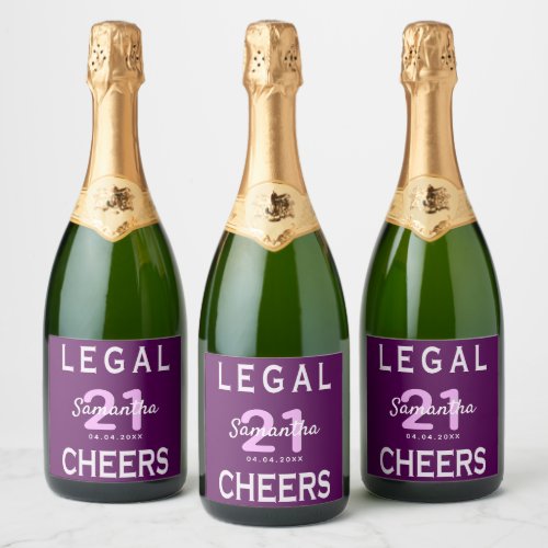 21st birthday party purple pink cheers legal name sparkling wine label