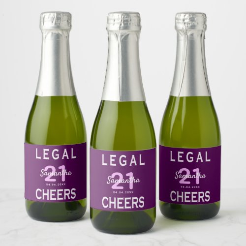 21st birthday party purple pink cheers name legal sparkling wine label