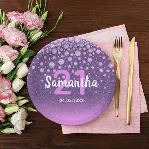 21st birthday party purple pink glitter name paper plates