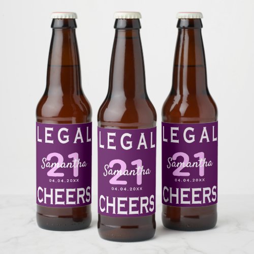 21st birthday party purple pink legal cheers name beer bottle label