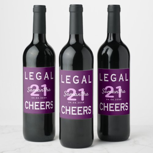21st birthday party purple pink legal cheers name wine label