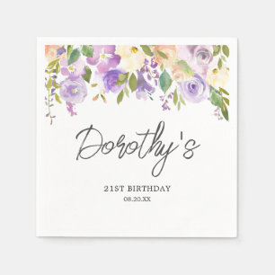 21st Birthday Party Purple Rose Floral Custom Napkins