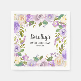 21st Birthday Party Purple Rose Floral Monogram Napkins