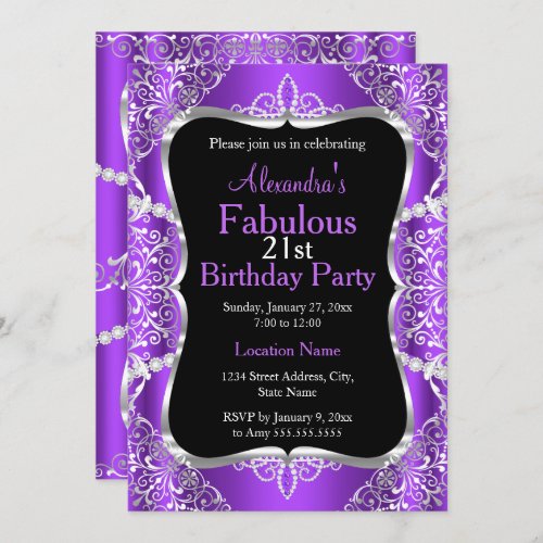 21st Birthday Party Purple Silver Black Invitation