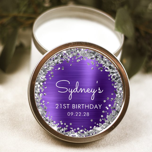 21st Birthday Party Purple Silver Glitter Classic Round Sticker (Creator Uploaded)
