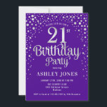 21st Birthday Party - Purple & Silver Invitation<br><div class="desc">21st Birthday Party Invitation.
Elegant design in royal purple and faux glitter silver. Features stylish script font and confetti. Message me if you need custom age.</div>