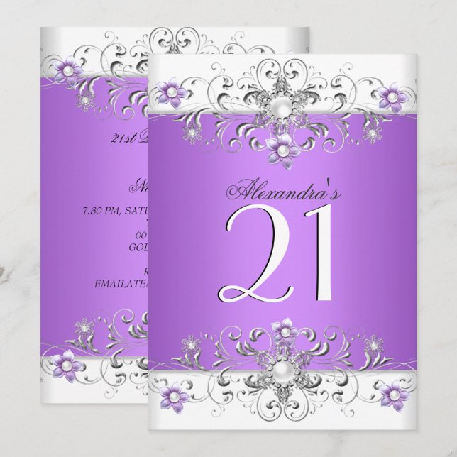 21st Birthday Party Purple White Diamond Invitation (Front/Back)