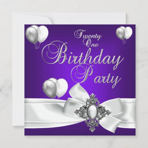 21st Birthday Party Purple White Silver Balloons Invitation