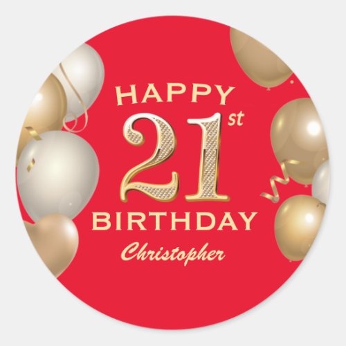 21st Birthday Party Red and Gold Balloons Classic Round Sticker
