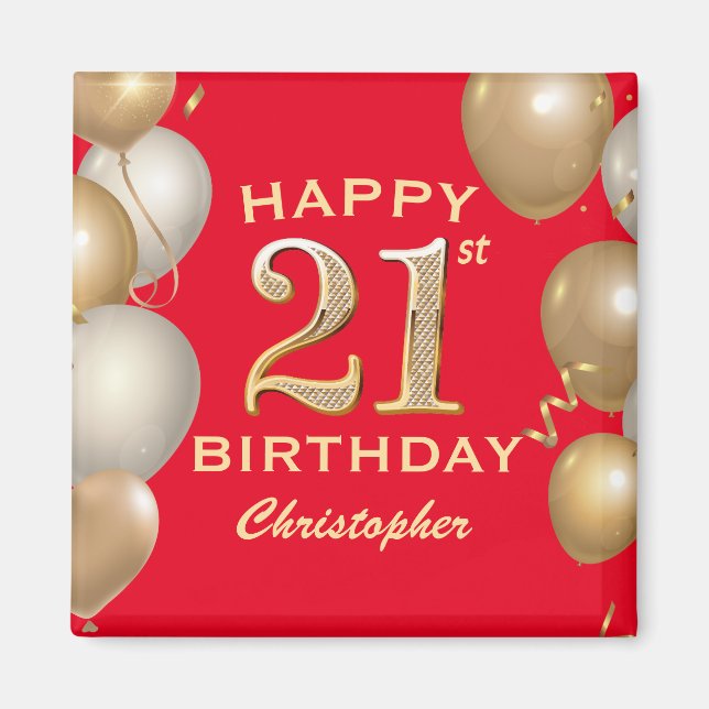 21st Birthday Party Red and Gold Balloons Magnet (Front)