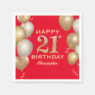 21st Birthday Party Red and Gold Balloons Napkins