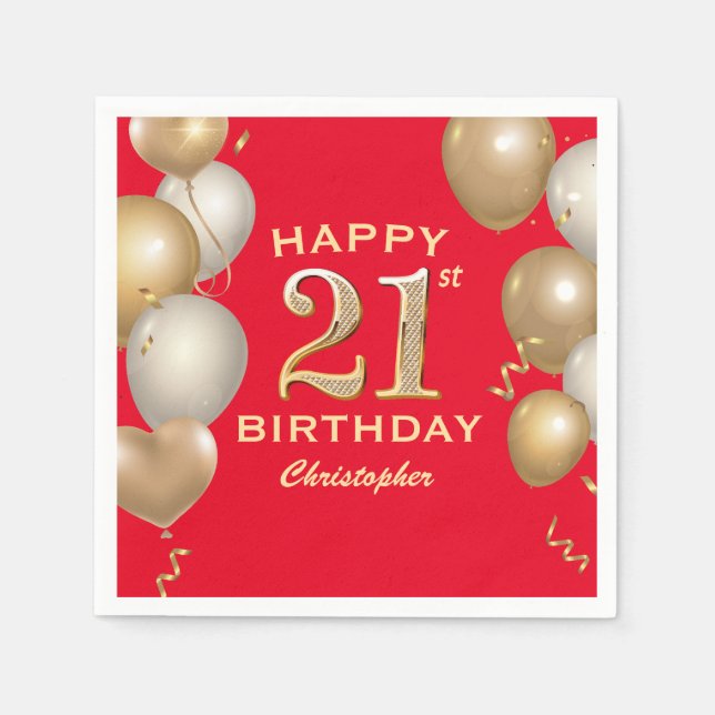 21st Birthday Party Red and Gold Balloons Napkins (Front)