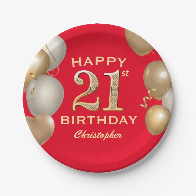 21st Birthday Party Red and Gold Balloons Paper Plates (Front)