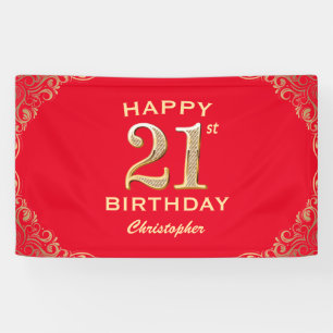 21st Birthday Party Red and Gold Glitter Frame Banner