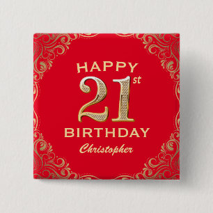 21st Birthday Party Red and Gold Glitter Frame Button