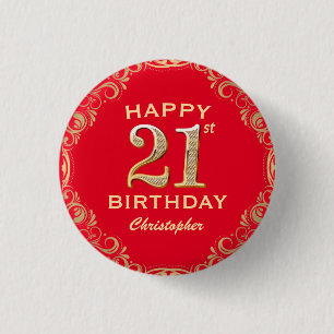21st Birthday Party Red and Gold Glitter Frame Button