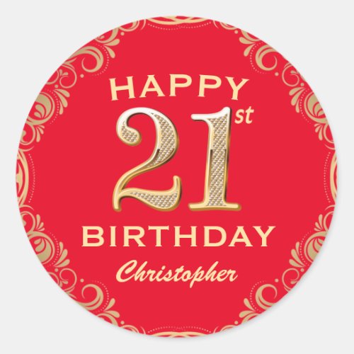 21st Birthday Party Red and Gold Glitter Frame Classic Round Sticker