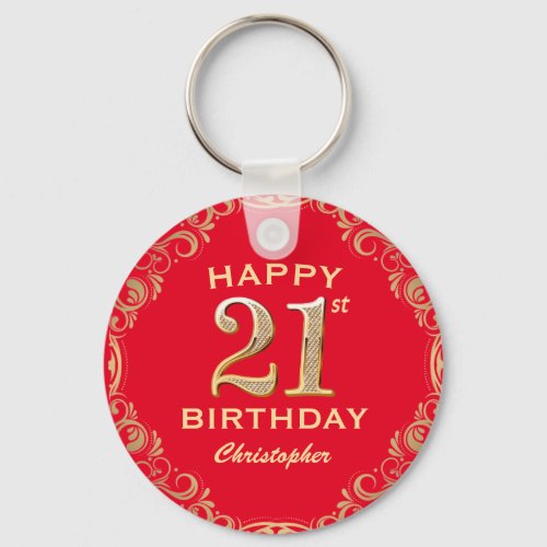 21st Birthday Party Red and Gold Glitter Frame Keychain