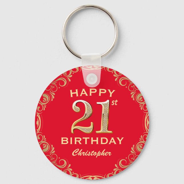 21st Birthday Party Red and Gold Glitter Frame Keychain (Front)