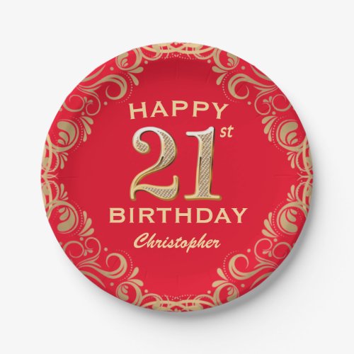 21st Birthday Party Red and Gold Glitter Frame Paper Plates