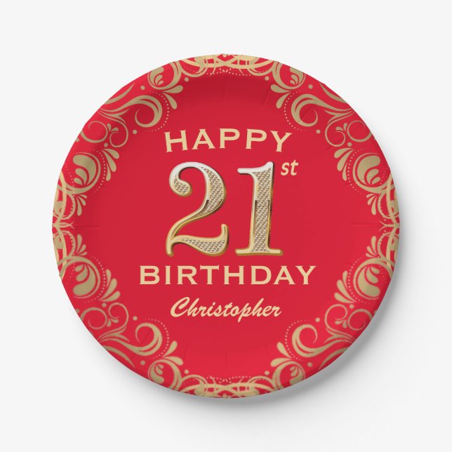 21st Birthday Party Red and Gold Glitter Frame Paper Plates (Front)