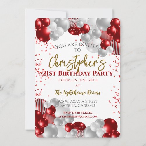 21st Birthday Party Red Balloons Invitation