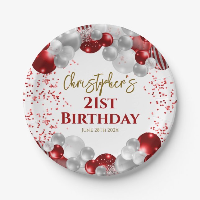 21st Birthday Party Red Balloons Paper Plates (Front)