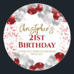 21st Birthday Party Red Balloons Thank You Classic Round Sticker<br><div class="desc">A gorgeous 21st birthday party or celebration favor sticker. This fabulous red and silver balloons design is the perfect  way to decorate your favor bags for an 21st celebration or twenty-first birthday party.</div>