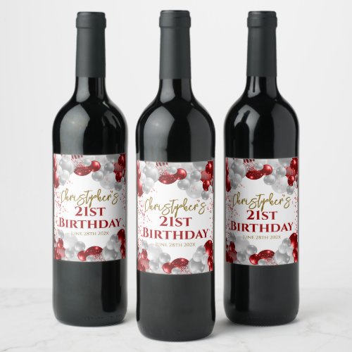 21st Birthday Party Red Balloons Wine Label