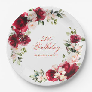 21st Birthday Party Red Pink Floral Custom Paper Plates