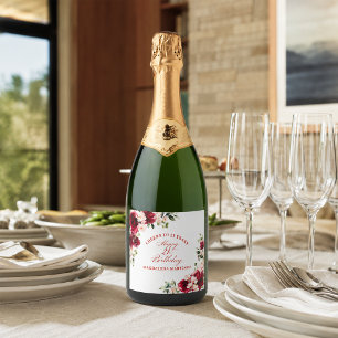 21st Birthday Party Red Pink Floral Custom Sparkling Wine Label
