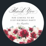 21st Birthday Party Red Pink Floral Thank You Classic Round Sticker<br><div class="desc">Add a special touch to your 21st birthday party favors with this elegant round thank you sticker. It features a watercolor red rose and pink peony floral border along the bottom. Dark green leaves give it a rustic botanical vibe. Thank you is written in a beautiful classic script. Two lines...</div>