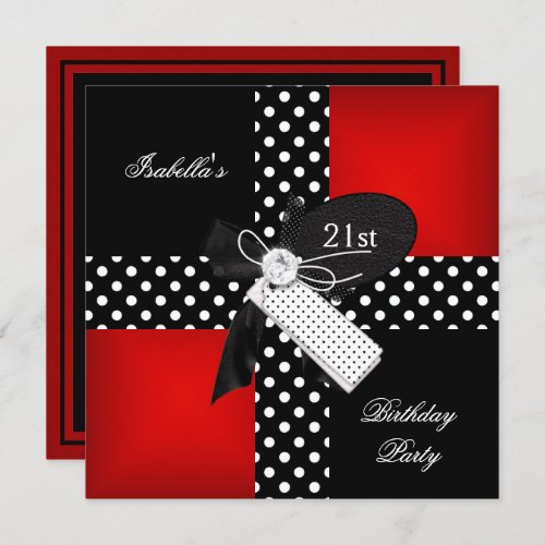 21st Birthday Party Red Polka Dot Black White Invitation