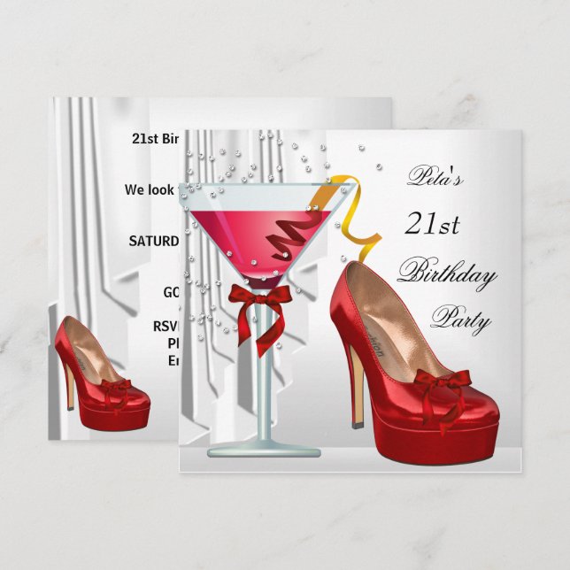 21st Birthday Party Red White Cocktail Shoe Invitation (Front/Back)