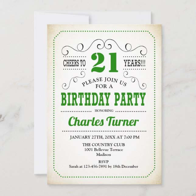 21st Birthday Party - Retro Creamy White and Green Invitation (Front)