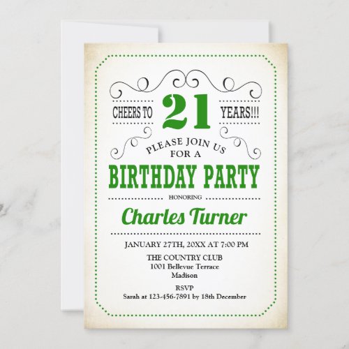 21st Birthday Party _ Retro Creamy White and Green Invitation