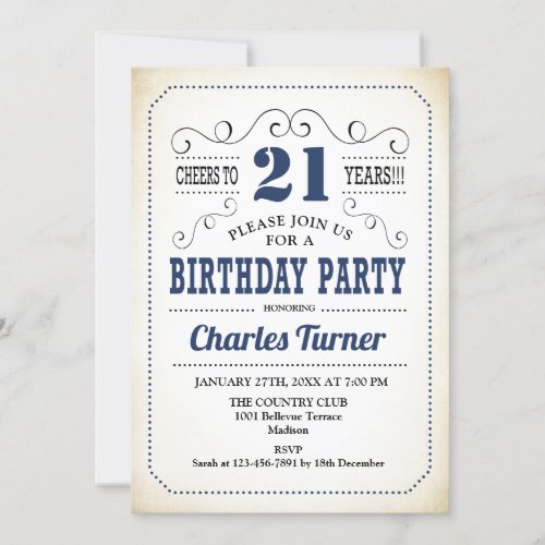 21st Birthday Party _ Retro Creamy White and Navy Invitation