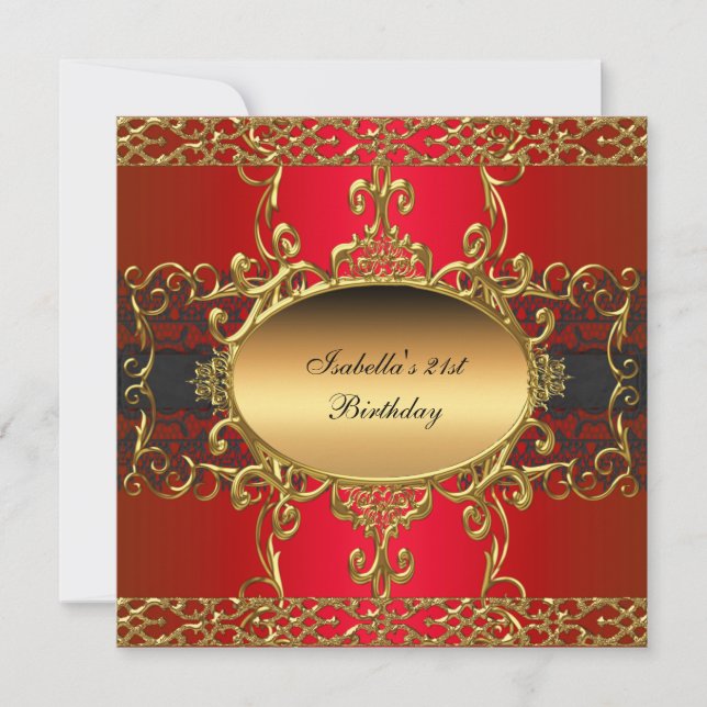 21st Birthday Party Rich Black Red Gold Flourish Invitation (Front)