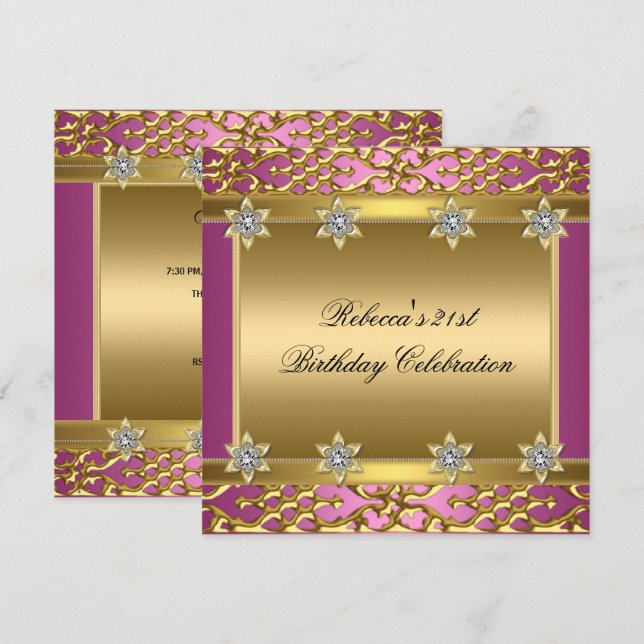 21st Birthday Party Rich Pink Elegant Ornate Gold Invitation (Front/Back)
