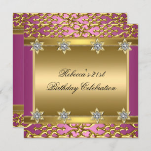 21st Birthday Party Rich Pink Elegant Ornate Gold Invitation